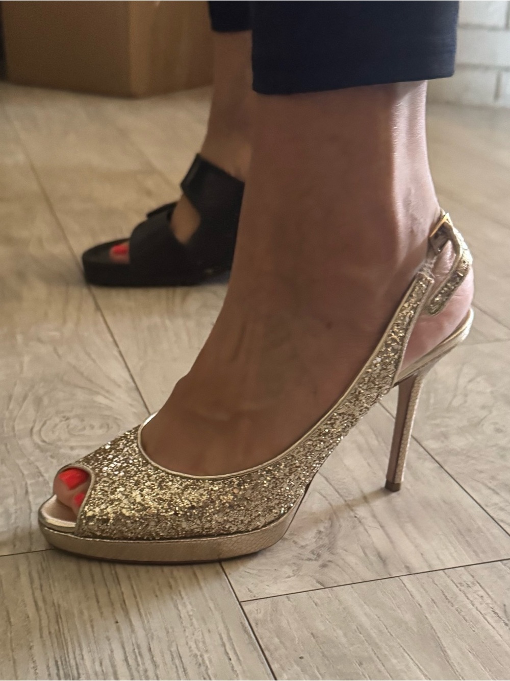 Jimmy Choo Gold Glitter Peep-Toe Slingback Stilettos